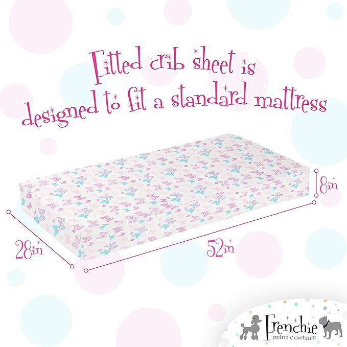 Frenchie Mini Couture, Crib Sheets 2 Pack, 100% Woven Cotton, Fitted Mattress Covers, Fits Standard Size Toddler Bed 28 x 52 x 8in, Butterfly