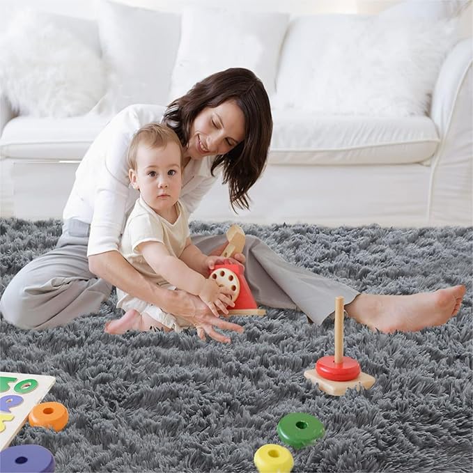 Grey Shag Rugs for Bedroom 5x7: Soft Shag Plush Area Rug for Living Room - Fuzzy Modern Gray Non-Skid Shaggy Carpet for Boys Kids Playroom Dorm
