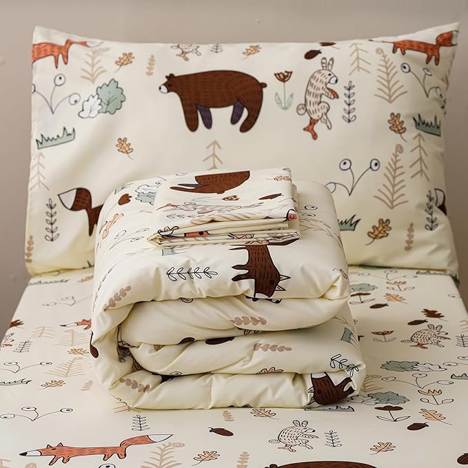 KAREVER Cartoon Toddler Bedding Set Bear Fox 4 Pieces Crib Bed Set Kids Cream Yellow Animal Print Comforter Set