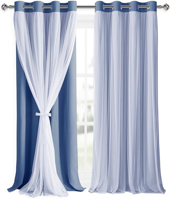 DWCN Blackout Curtains with Sheer Overlay Layered Curtains for Bedroom/Living/Dining Room Grommet Top Window Treatments with Tiebacks, 52 W by 96 L, Hazy Blue, 2 Pieces