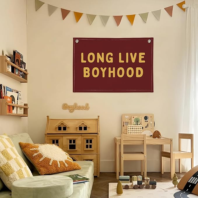 Long Live Boyhood Linen Banner – Boys Room Wall Hanging, Playroom & Nursery Decor, Toddler Room Flag, Aesthetic Boys Bedroom Sign – Burgundy & Mustard Yellow