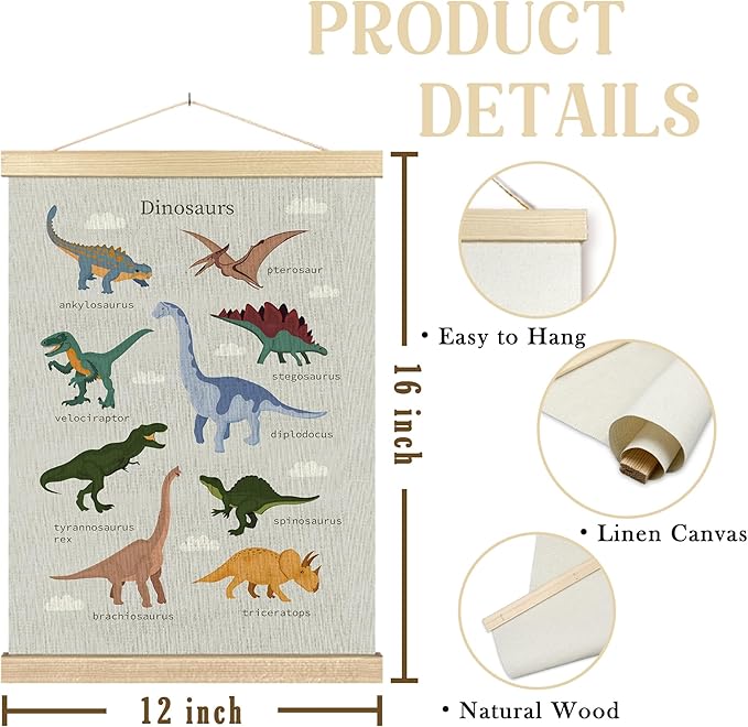BCUANGD Dinosaurs Dino Wall Decor - Toddler Baby Boys Room Wall Art Poster Hanger with Wood Frames, Inspirational Animals Wall Hanging Canvas Decor for Kids Room Nursery Bedroom, 12x16 Inches