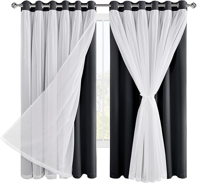 Hiasan Extra Wide Blackout Curtains with Sheer Overlay Thermal Insulated Double Layer Indoor Curtains 63 inches Long,2 Panels with Tiebacks, Black, 70W X 63L