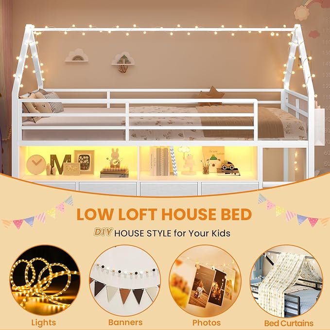 BTHFST Twin Size Loft Bed for Kids, 8 Storage Drawers & LED Lights, House Shaped Metal Bed with Bookcase, Soft Foam Ladder, 13.4" Safety Guardrail, Space Saving, Fun Curtain