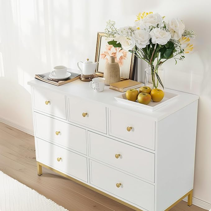 Pamapic Modern 7-Drawer White Dresser,47" White Wooden Dresser for Bedroom, Storage Organizer with Deep Drawers & Metal Handles for Bedroom, Entryway, Hallway