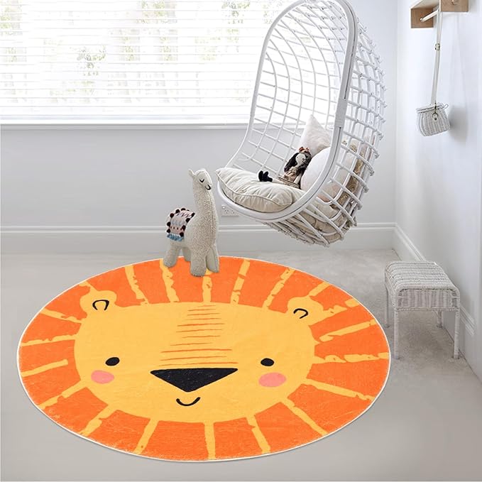 ABREEZE Kids Play Rug 4ft, Lion Round Area Rug Kids Nursery Door Mat Soft Plush Non-Slip Childrens Carpet for Bedroom Living Room Playroom,Orange