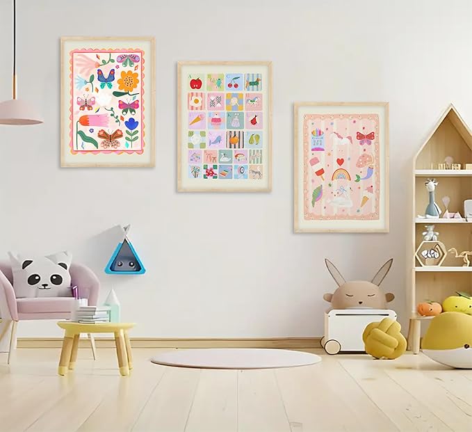 Colourful Nursery Canvas Wall Art ABC Nursery Wall Decor Pink Butterflies and Flowers Painting Picture Pastel Girl Kid Rainbow Poster Print for little Girl's Bedroom Kids Room Babys Playroom, Unframed