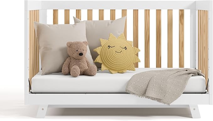 Storkcraft Beckett 3-in-1 Convertible Crib (Natural & White) – GREENGUARD Gold Certified, Fits Standard Crib Mattress, Converts to Toddler Bed and Daybed, 4 Mattress Heights, Grow-with-Me Design