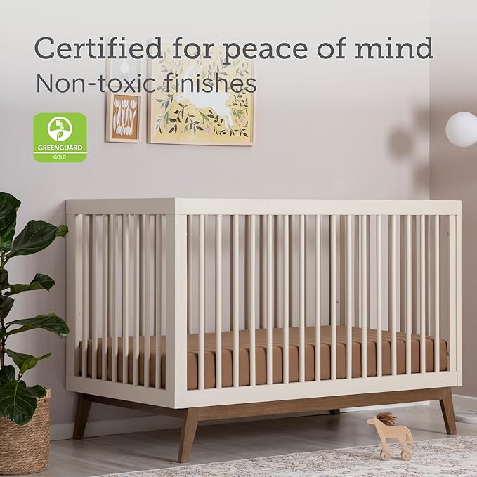 dadada Baby Soho 3 in 1 Convertible Wooden Crib to Toddler Bed - Made in Italy, GREENGUARD Gold Certified, Baby-Safe Finish, Sustainable Beech Wood, Modern Design, 3 Adjustable Heights (Almond Milk)
