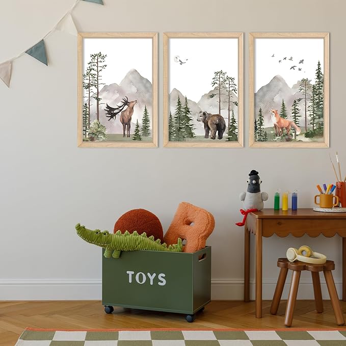 YWJKWLGS Wild Woodland Animals Nursery Wall Art Decor 16"×24" Set of 3 Jungle Theme Safari Forest Deer Bear Fox Posters Wood Framed Sign for Children's Boys Girls Room Watercolor Prints Hanging (Wood)