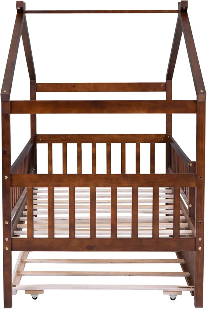 Merax Twin Size Wooden House Bed with Twin Size Trundle, Wood Bed Frame with Roof and Safety Guardrail for Kids, Teens, Boys or Girls, Walnut