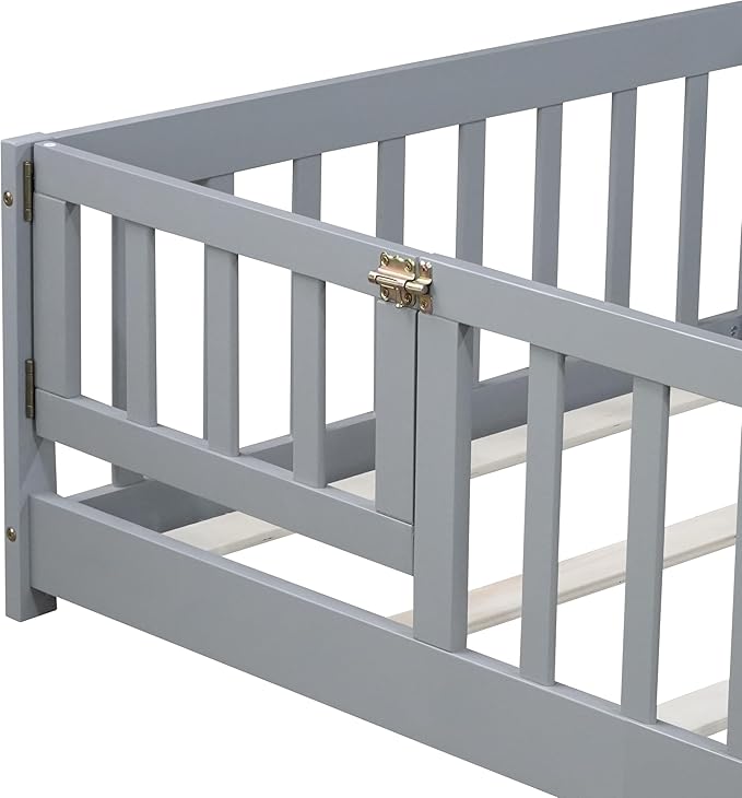 Bellemave Twin Size Floor Bed for Kids, Girls, Boys, Rubber Wood Floor Bed with slats and Door, Grey