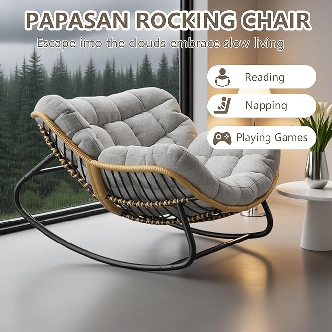 Oversized Papasan Rocking Chair with Thick Cushion, Rattan Wicker Egg Chair for Indoor/Outdoor Patio, Bedroom, Living Room, Porch, or Backyard – Grey