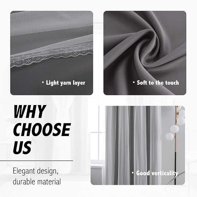 Anytime Home Curtains Blackout and Sheer Layered Solid Window Curtain Panel Pair with Grommet Top, 52Wx72L,Grey