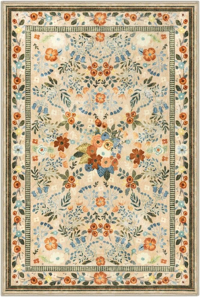 Rugs for Living Room 8x10, Machine Washable Non-Slip Thin Area Rugs, Boho Vintage Floral Soft Bedroom Carpet Rug for Home Indoor Dining Room, Beige/Multi