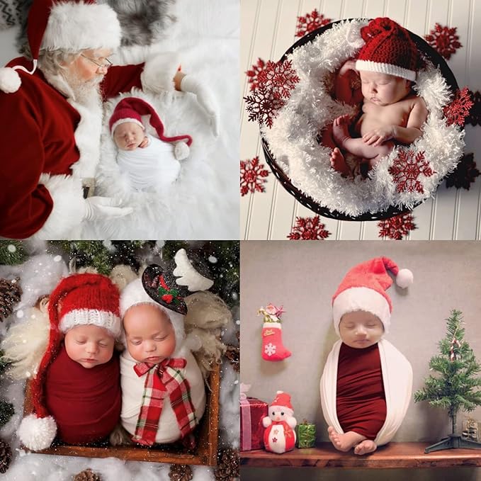 Christmas Newborn Photography Props Swaddle Snow White Wraps with Santa Hats for Baby Boys Girls Photo Props Shoot