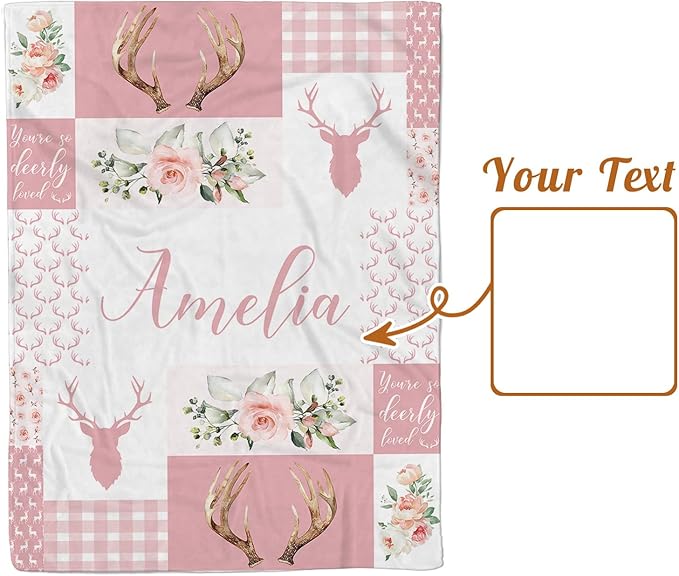 Personalized Baby Blanket with Name, Custom Pink Woodland Deer Blanket for Kids, Soft Flannel Bed Throw Blanket Swaddle for Newborn, Customizable Baby Gift & Nursery Blanket(30”x40)