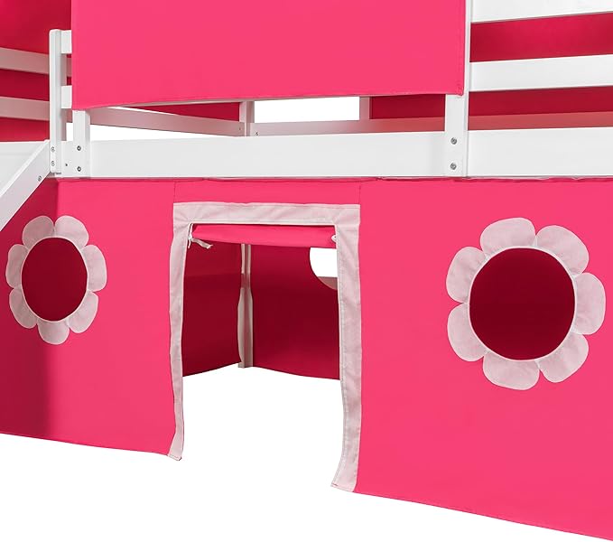 Polibi Full Size Castle Loft Bed with Slide & Pink Tent and Tower, Playhouse Design Spacious Under Bed Space with Curtains, Wood Tent Bed Frame for Kids Boys Girls(Pink,Full)