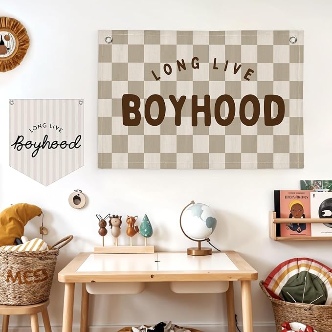 Lacama Boho Long Live Boyhood Boys Room Decor, Boy Nursery Decor, Linen Banner Wall Hanging Canvas Banner Flag Decor for Toddler Boy Room Nursery 30x20 In
