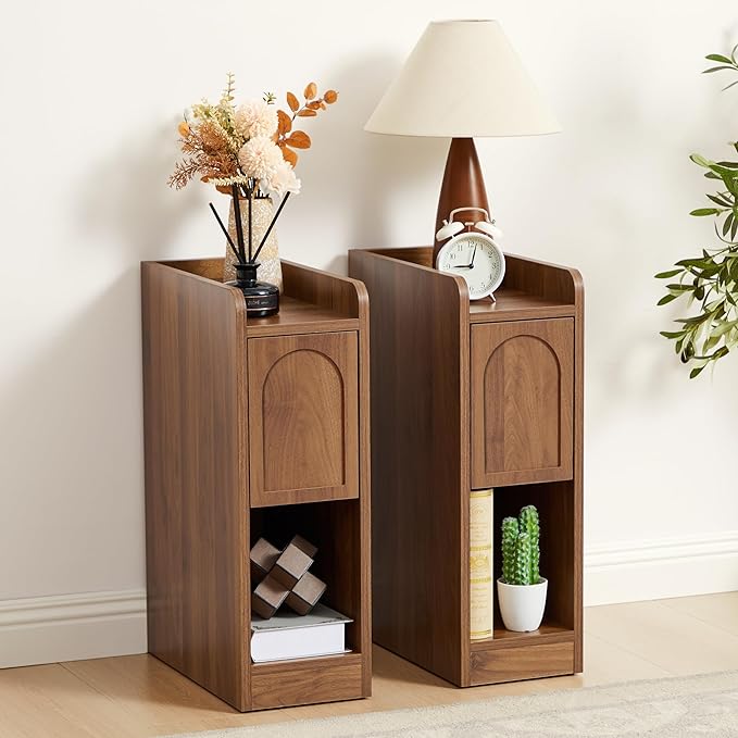 Narrow Nightstands Set of 2, Slim Bedside Tables with Raised Edge Top, Arched Drawer & Open Shelf, Modern Wooden Small End Tables for Bedroom Small Spaces (2, Walnut)
