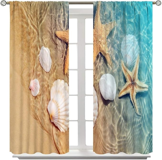 Beach Curtain for Bathroom Decor,Sea Turtle Starfish Seashell Nautical Ocean Coastal Scenery Art Printed Fabric Polyester Waterproof Set 2 Panels,63x72 Inches