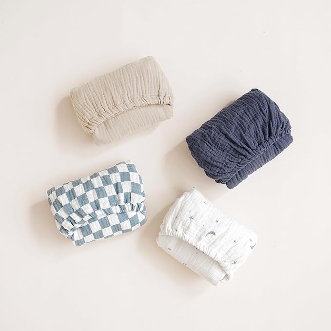 Konssy 2 Pack Muslin Bassinet Sheets for Baby Boy, 100% Cotton Soft Breathable Bassinet Mattress Sheets Fit for Hourglass Oval Cradle Rectangle Mattress (Navy,Cream)