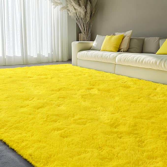 EVOIONOS 6x9 Washable Large Area Rug for Living Room, Fluffy Shag Rug for Bedroom, Ultra Soft Plush Non Slip Carpet for Indoor Floor Bedside Nursery Kids Girls Room Dorm, Home Decor Aesthetic, Yellow
