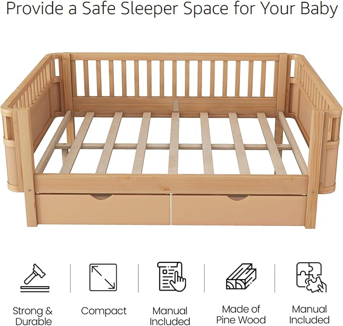 Full Size Kids Bed Frame with Rails, Wood Montessori Bed Full with 2 Storage Drawers &Slats Support, Modern Daybed with Removable Bed Rails for Girls Boys Bedroom Living Room, Natural