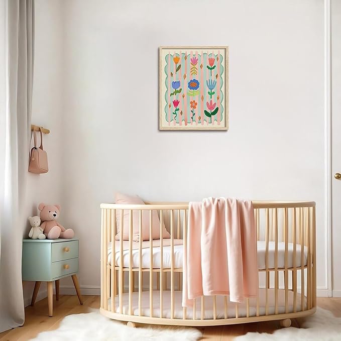 KISSFOX Framed Wall Art Nursery Wall Decor Cute Floral Pictures Kids Colorful Flower Canvas Art Boho Whimsical Paintings Artwork For Children Boys Girls Room