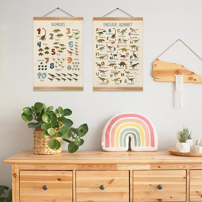 ZTGDA Dinosaur Alphabet Numbers Poster Set of 2,Alphabet Numbers Wall Art, ABC &123 Banner Poster, Dinosaurs Hanging Decor for Toddler Room Playroom Nursery Wall Classroom Decor 12x16inch (Dinosaur)