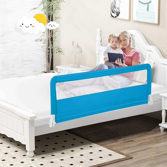HONEY JOY Bed Rail for Toddlers, 59-in Extra Long, Portable Safety Bed Guardrail w/Double Safety Child Lock, Foldable Baby Bed Rail Guard, Fit King & Queen Full Twin Size Bed Mattress (1 Pack, Blue)