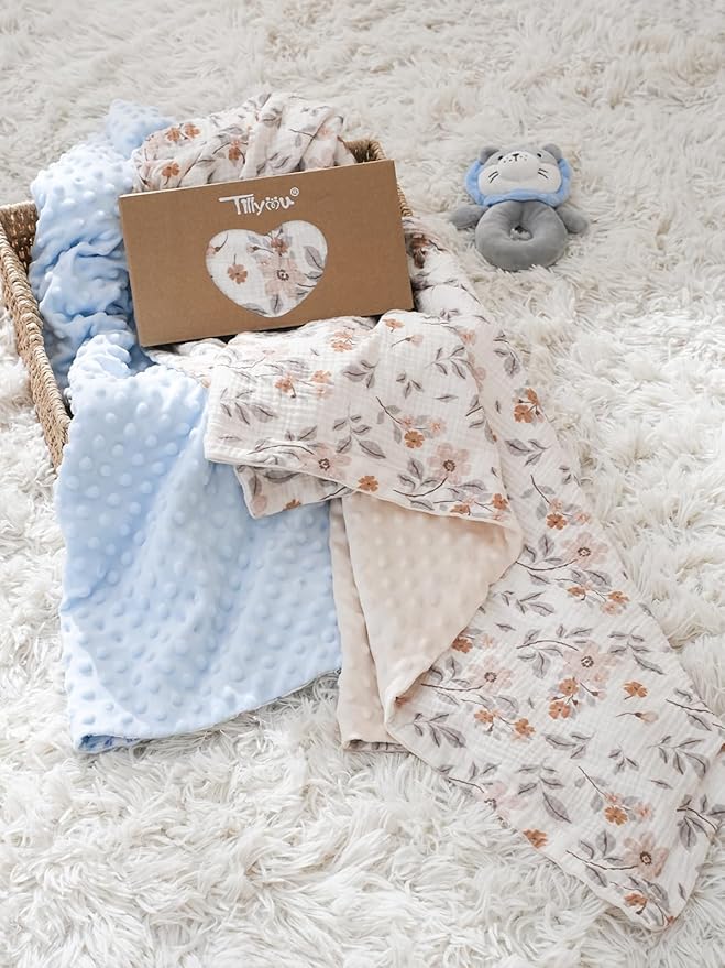 TILLYOU Baby Blankets for Girls Boys, Receiving Baby Blanket with Double Layer Soft Plush, Minky Muslin Cotton Front and Dotted Backing 30"x40", Yellow Flower