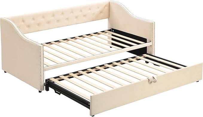 Merax Twin Size Upholstered Velvet Daybed with Pop Up Trundle, Multi-Functional Sofa Bed with Backrest and Two Armrest for Kids Room, Guest Room, Living Room,Beige