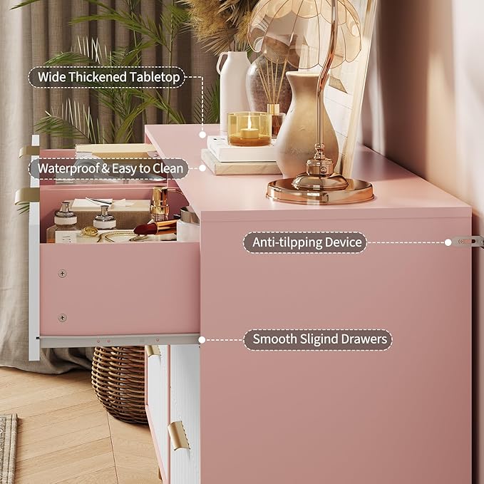 Garvee Fluted Dresser for Bedroom with 6 Drawers,47" Wide Modern Chest of Wooden Bedroom Chest with Metal Handle,Clothes Storage Organizer,Closet Dresser & TV Stand for Living Room,Hallway,6&Pink