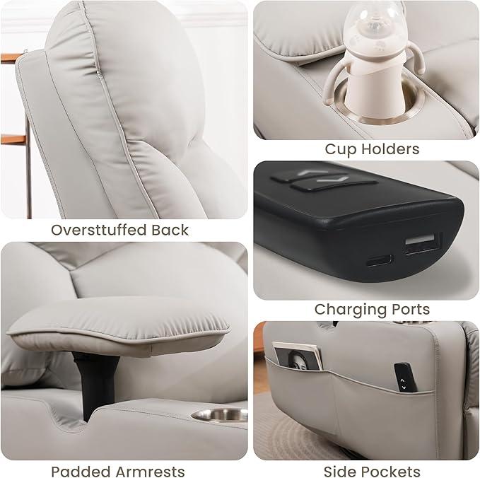 SUNWAVE Power Nursery Rocking Chair with Adjustable Armrests, Nursing Chair with USB, Cup Holders & Blanket, Swivel Rocker Recliner with Corduroy and PU Leather Mixed Fabric (Gray)