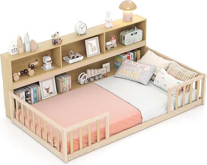 KOMFOTT Twin Floor Bed with Bookcase & Shelves, Wood Bed Frame with Bedside Bookshelves & Guardrails, Versatile 2-in-1 Montessori Floor Bed for Kids (Twin,Natural)