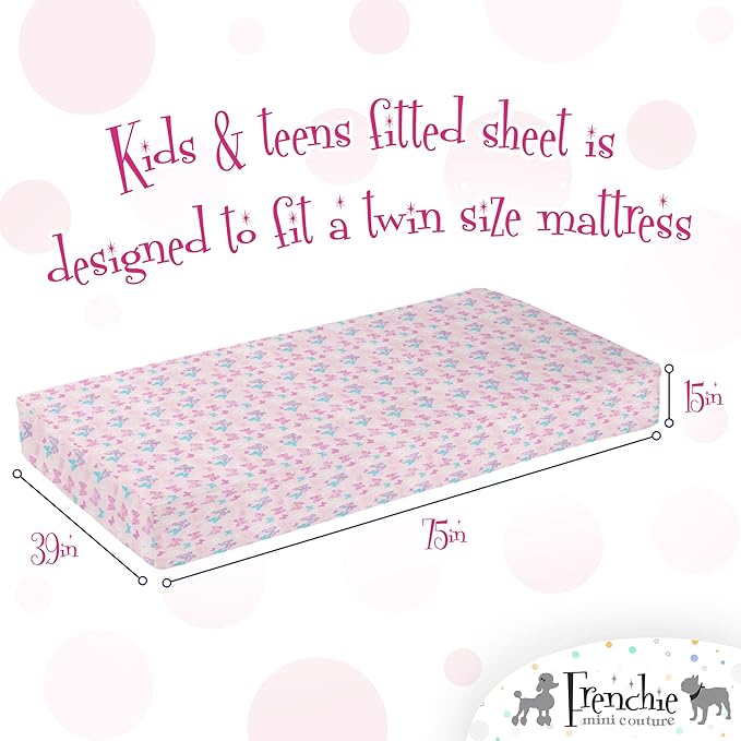 Frenchie Mini Couture, 2-Piece Kids Twin Sheets Set, 100% Woven Cotton, Deep Pocket Bed Sheet 39 x 75 x 15in + Pillowcase 20 x 30, Butterfly (Pink)