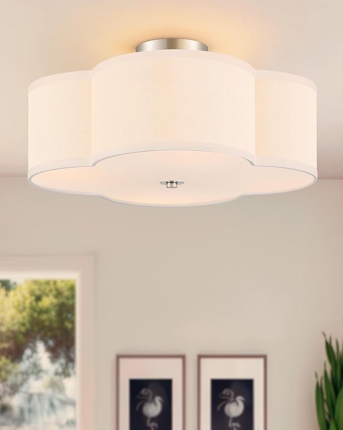 VONLUCE Semi-Flush Mount Ceiling Light, 15.8" Modern 4-Light Ceiling Light Fixture with White Clover-Shaped Shade 4 E26 Sockets for Bedroom Entryway Living Room, Nickel Finish, ETL Certificated