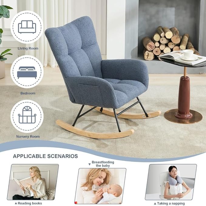 Nursery Rocking Chair Teddy Upholstered Glider Rocker Rocker Accent Chair with High Backrest Armchair Comfy Side Pocket Modern Rocking Accent Chairs for Living Room, Nursery, Office-Navy