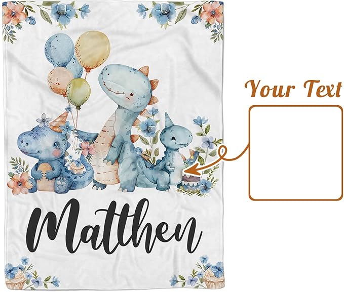 Personalized Baby Name Blanket for Boy Girl, Soft Flannel Blanket with Double Layer Dotted Backing for Infant Newborn, Nursery Crib with Dinosaur Design, Customized Gifts for New Mom(47" x60)