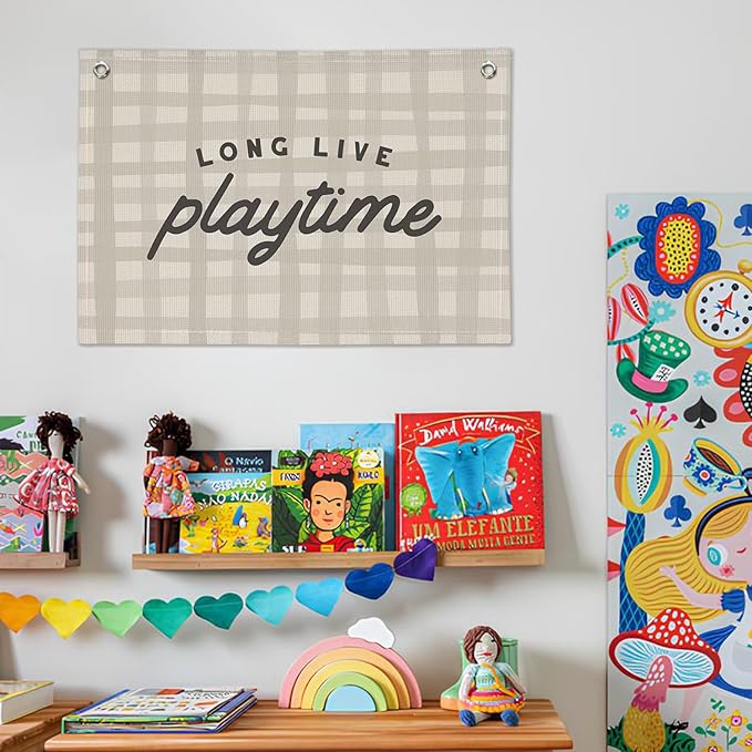 Playroom Decor, Play Room Wall Decor, Long Live Playtime Linen Banner Wall Hanging, Boho Beige Banner Flag Decor for Nursery Boys Room 20x30