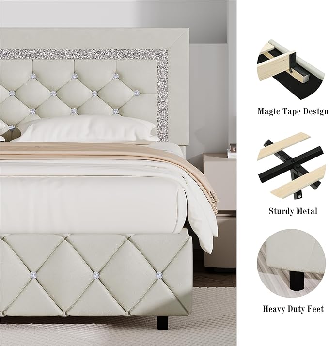 BarnFurin Full Bed Frame with Diamond Tufted Headboard, Faux Leather Upholstered Bed with Wooden Slats Support, No Box Spring Needed, Mattress Foundation, Easy Assembly, Cream