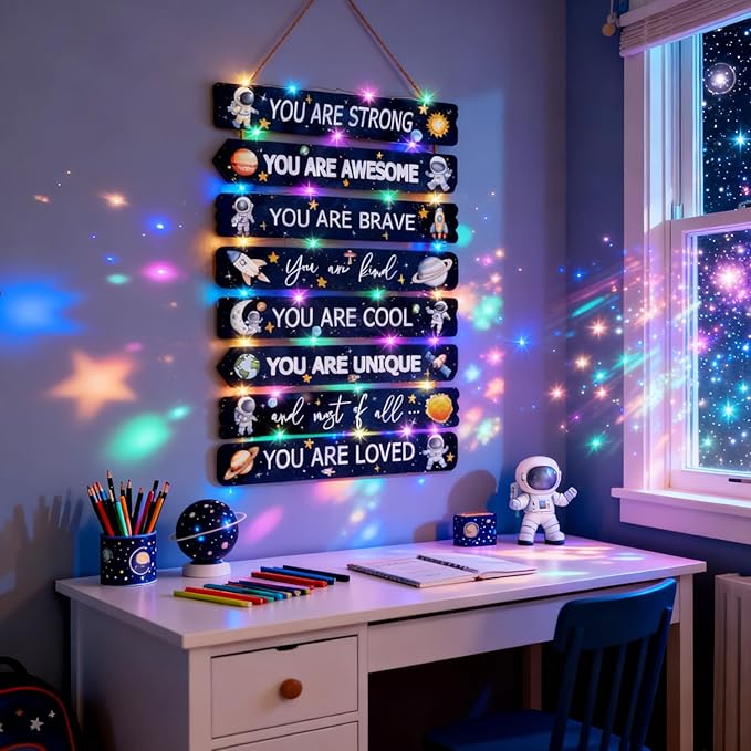 Cool Classic Space Astronaut Sign Nursery Wall Decor Set of 8, 16x5 Modern Motivational Cute Rocket Planets Plaque Wall Art for Baby Boy Kid Teen Toddlers, 4 PCS Wooden Gallery Quote Gift for Gameroom
