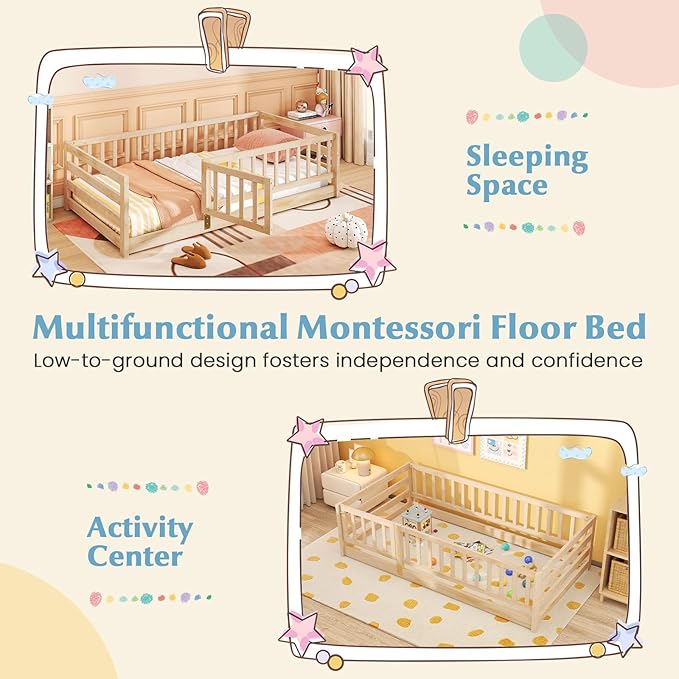Giantex Twin Floor Bed with High Fence & Door, Montessori Floor Bed with 21.5" Safety Guardrails, Solid Wood Twin Beds Frame for Kids Girls, Boys, Without Slats, Natural