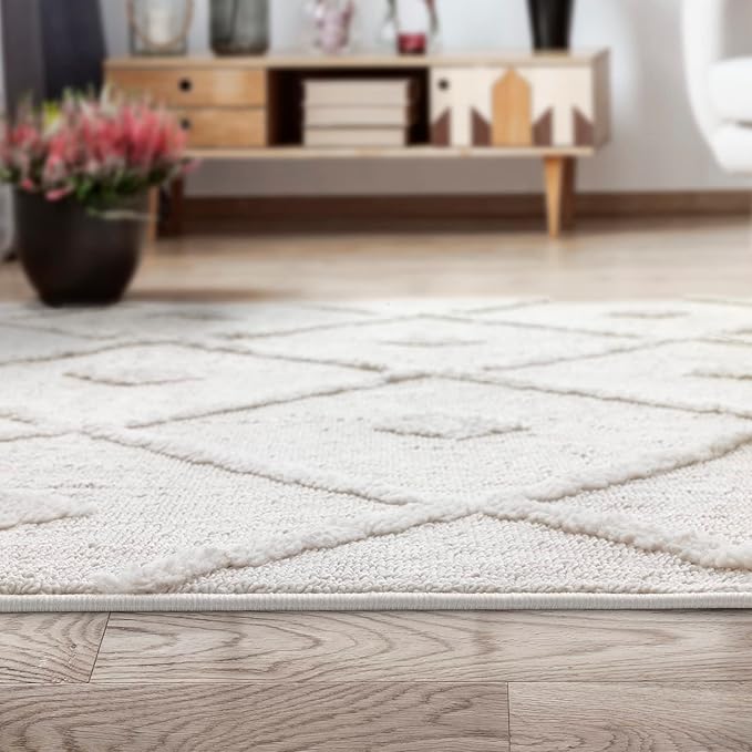 Antep Rugs Palafito 8x10 Geometric Shag Diamond High-Low Pile Textured Indoor Area Rug (Beige, 7'10" x 10')