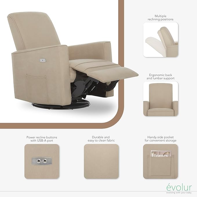 Evolur Harlow Upholstered Power Glider Recliner with USB Charging – Rocking & 360° Swivel with Smooth Glide – Greenguard Gold & FSC Certified – Modern Nursery and Living Room Chair in Fawn