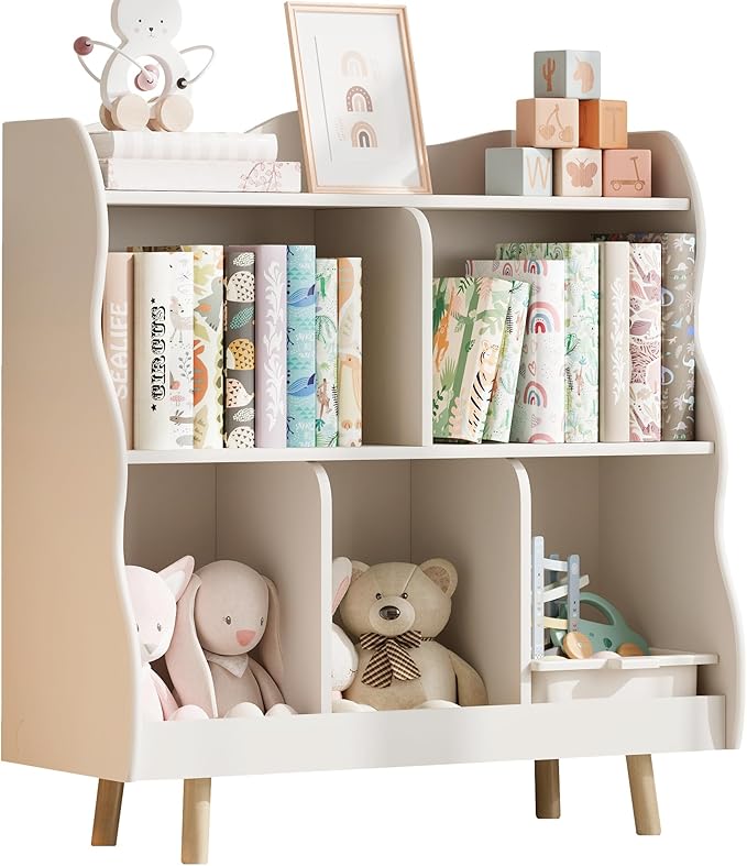 Treocho Kids Bookshelf and Toy Storage Orangizer, 3-Tier Wooden Children's Bookcase with Curve Design, 5 Cubbies Toy Storage Cabinet Display with Legs for Children's Room, Playroom, School, White