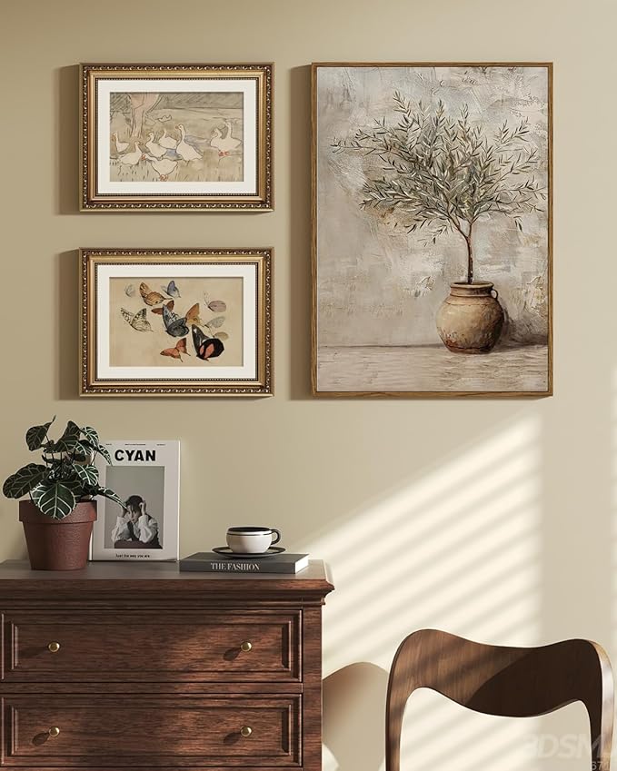 ARPEOTCY Vintage Framed Canvas Wall Art, 16x24 Inch, Large Classic Olive Tree in Vessel Prints for Home Decor, Botanical Still Life Paintings Hanging Wall Art for Bedroom, Living Room, Office