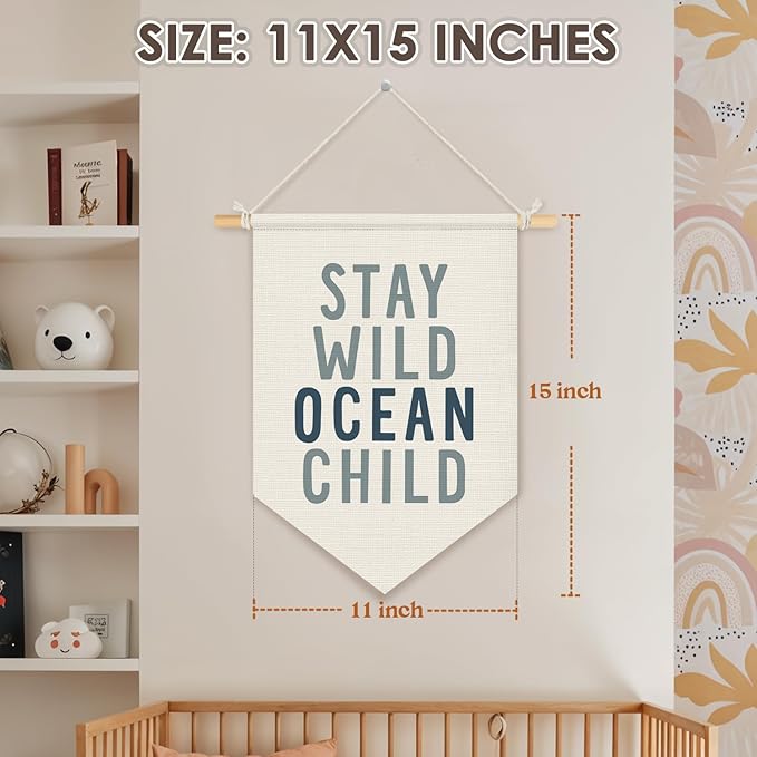 Wheatwin Ocean Nursery Decor, Stay Wild Ocean Child Wall Hanging Pennant Flag Banner, Coastal Beach Wall Decor for Kids Boys Girls Toddler Nursery Room Bedroom Playroom 15x11 Inch