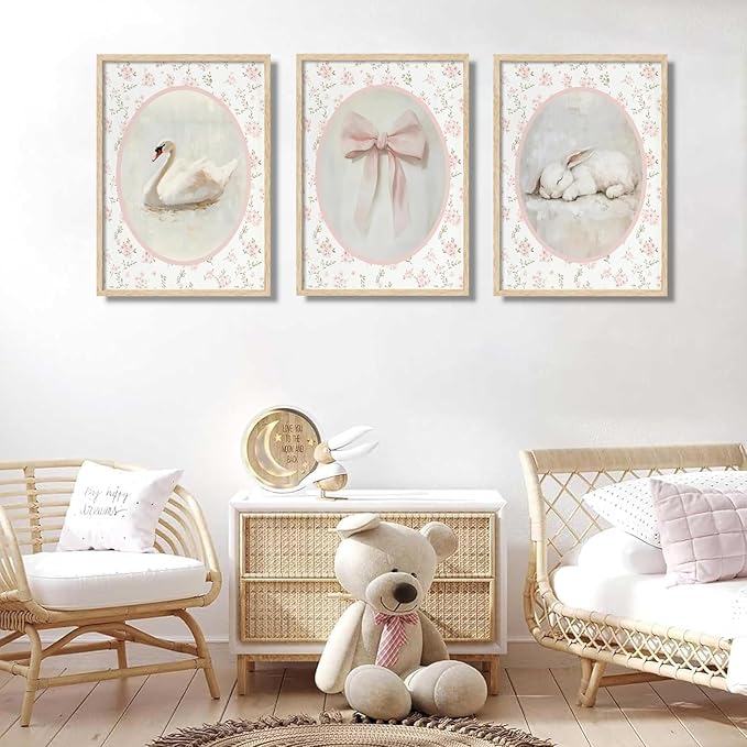 3Pcs Pink Vintage Nursery Wall Art Cute Animal Rabbit Swan Bow Flower Canvas Posters Prints Baby Girl Room Picture Wall Decor for Girls Room Bedroom Decorations Unframed